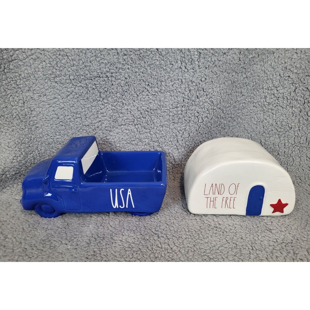 Rae Dunn USA Pick Up Truck & Land of the Free Camper Trailer Set Patriotic